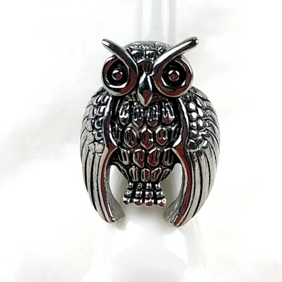 Silver Owl Ring Stainless Steel Statement Bird Biker Ring - Picture 11 of 13